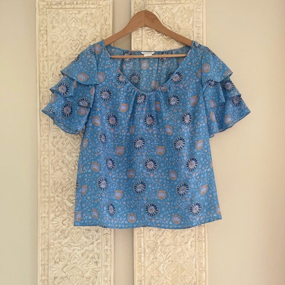 Club Monaco Blue Flutter Sleeve Ruffled Blouse